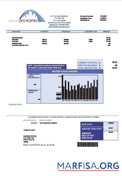 Blank USA Iowa City of Des Moines water business utility bill template in Word and PDF formats